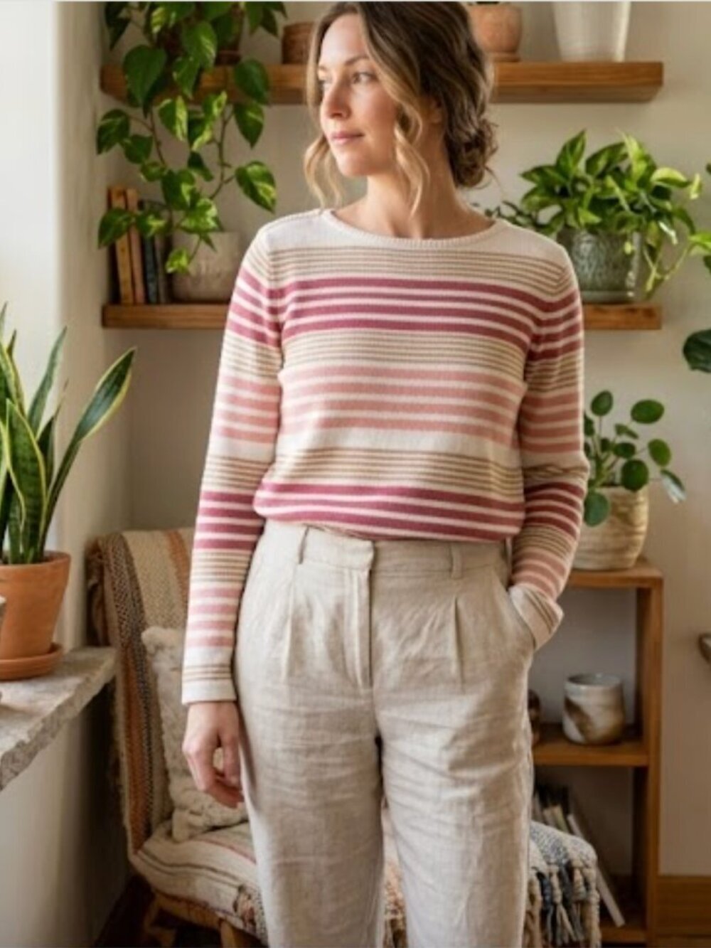 Tradition Country Collection Striped Knit Top Cream Pink Tan Size 8 M